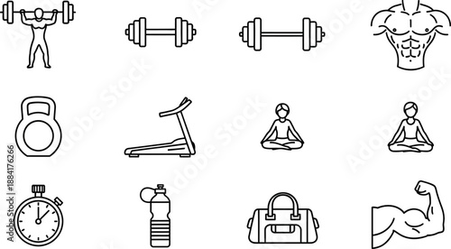 A collection of fitness and gym outline icons featuring weightlifting, yoga, a treadmill, and a water bottle