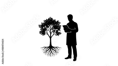 Silhouette of a scientist examining a tree, representing environmental research.