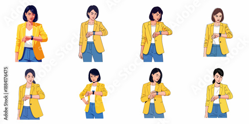 Collection of vector illustrations featuring a young businesswoman checking her smartwatch, expressing impatience, delay, or time management urgency while waiting.
