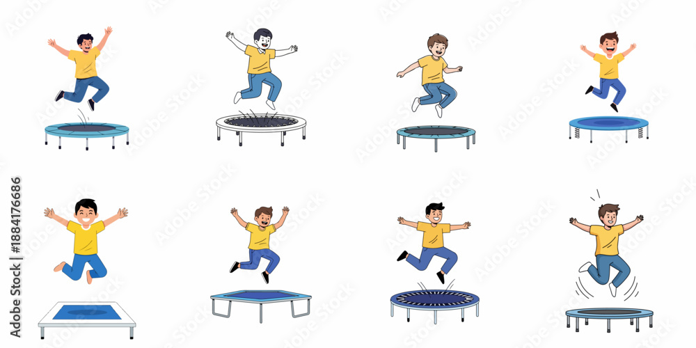 Fototapeta premium Eight vector illustrations of happy boys energetically jumping high on various trampolines, showcasing fun, freedom, and active childhood play on a white background.