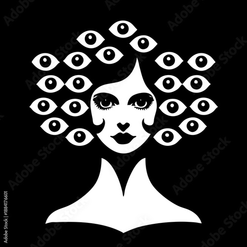Multi-Eye Face: Woman's face with many eyes growing from her hair.