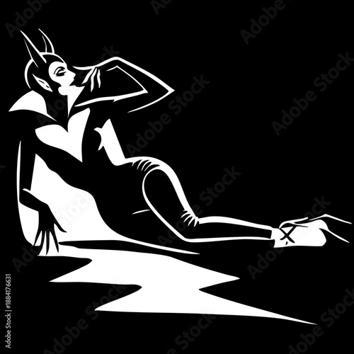 Demonic woman. Reclining figure of a woman with horns in a dynamic pose. Pin-up noir style, succubus character.