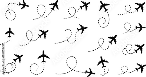 Collection of black airplane icons with dotted flight paths on white background travel journey