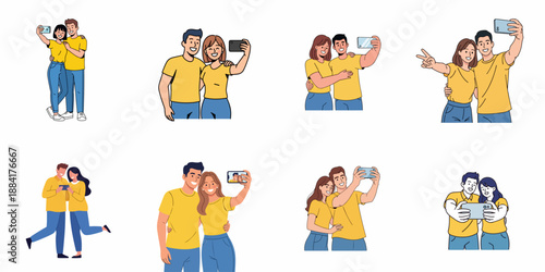 Diverse vector illustrations set of happy young couples smiling and taking selfies with smartphones in various poses, isolated on white.