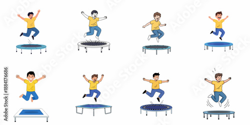 Eight vector illustrations of happy boys energetically jumping high on various trampolines, showcasing fun, freedom, and active childhood play on a white background.