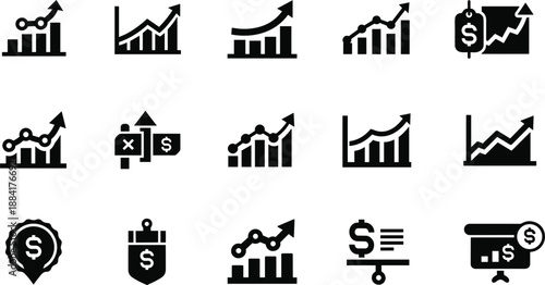 Collection of black financial growth and profit icons on white background finance chart