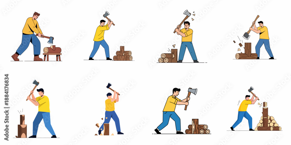 Fototapeta premium Man Chopping Firewood Vector Illustrations Set: Woodcutter Splitting Logs with an Axe, Depicting Physical Labor and Winter Preparation.