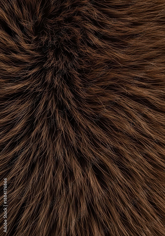 Naklejka premium A very soft and dense animal fur texture photographed in a close-up detail, showing the intricate pattern of luxurious dark brown fibers, fluffy, soft, plush