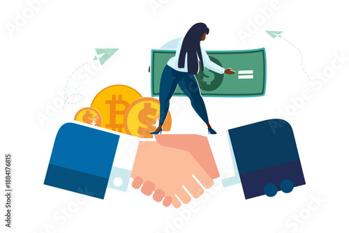 Handshake, business concept, people. Money, african american business woman investor with paper dollar, gold cents, parties agreement. Signing documents, successful contract. Vector illustration