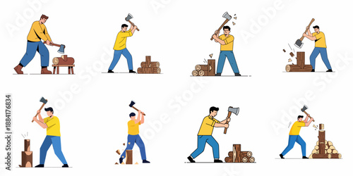 Man Chopping Firewood Vector Illustrations Set: Woodcutter Splitting Logs with an Axe, Depicting Physical Labor and Winter Preparation.