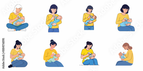 Diverse illustrations of mothers bottle-feeding their newborn babies, showcasing different styles and affectionate moments of infant care.