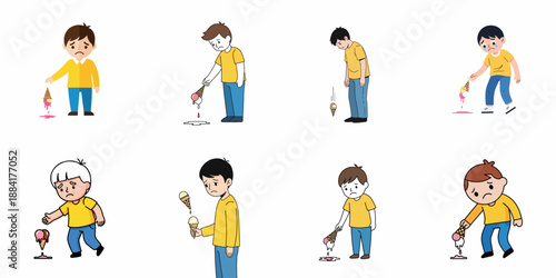 Sad boy cartoon character set showing reactions after dropping or melting his ice cream cone, illustrating disappointment and childhood mishaps.
