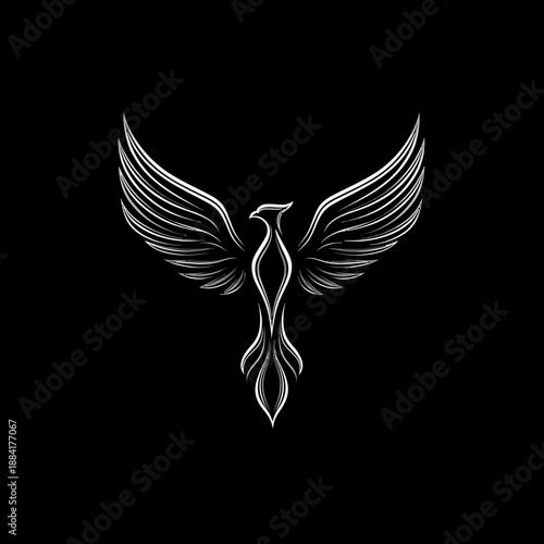 Elegant phoenix illustration soaring bird icon on black background