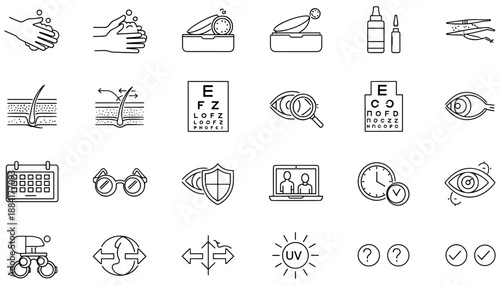 Hygiene and Eye Care Icon Set – 25 Black-and-White Line Symbols for Personal Health and Dermatological Wellness