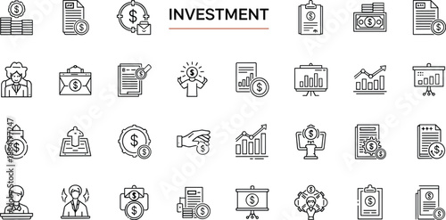Comprehensive icon set for investment finance and business with money and people symbols Keywords: investment, finance, business