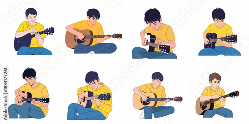 Eight vector illustrations of a young man in various poses practicing, tuning, and playing the acoustic guitar, symbolizing music learning and creativity.
