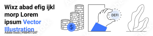 Cryptocurrency, decentralized finance, blockchain technology, digital payments, financial growth, modern investments. Stacks of coins, a hand holding a DeFi concept. Cryptocurrency and decentralized