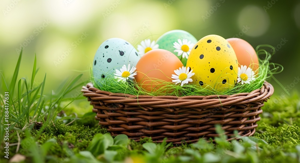 Fototapeta premium Colorful easter eggs in a wicker basket on a grassy lawn with flowers