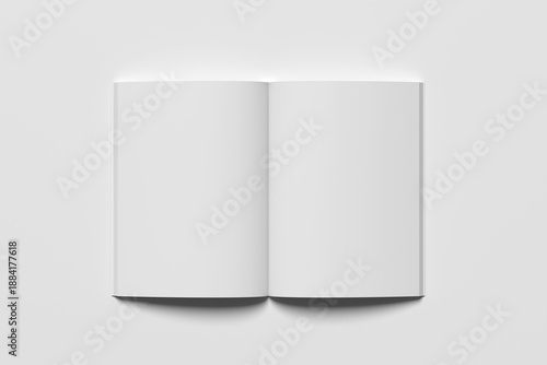 A4 open book, magazine or catalog mockup top view, isolated on grey background.
