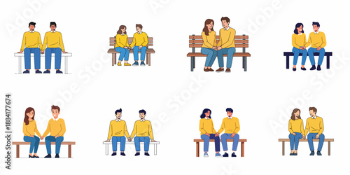 Set of diverse couple illustrations sitting on benches and holding hands, depicting heterosexual and homosexual relationships, commitment, and affection.