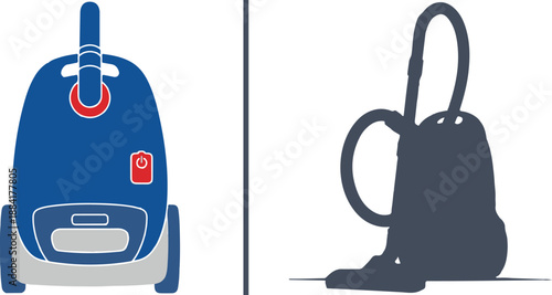 Two vector icons of vacuum cleaners: a bright blue canister model with red accents and a dark grey silhouette of a vacuum with its hose and nozzle. Simple, professional cleaning graphics.