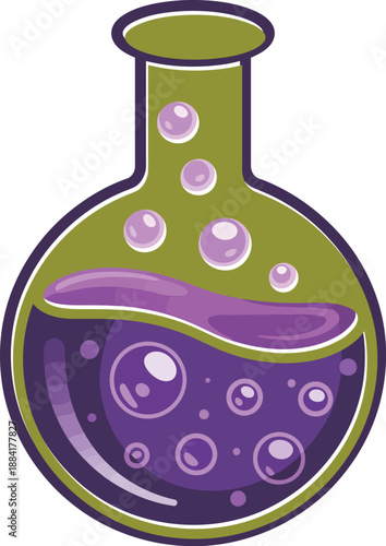 Bubbling Purple Potion in Round Flask with Cork Stopper, Vector