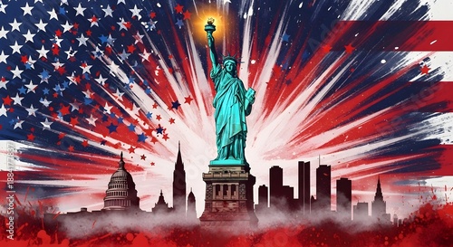 Statue of liberty with american flag and new york city skyline