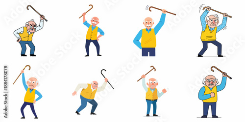 Angry Elderly Man Cartoon Set Raising Walking Cane in Various Aggressive Poses - Grumpy Grandfather Threatening with Stick, Isolated Vector Illustration.