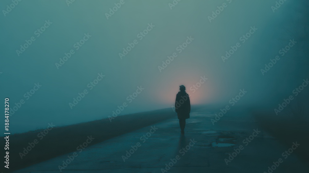 Naklejka premium Mysterious Figure Walking Alone on Foggy Path in Dim Light