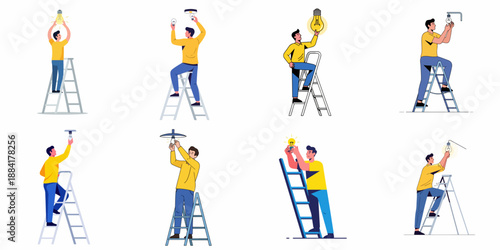 Set of illustrations depicting a man on a ladder changing, installing, and fixing light bulbs in various electrical fixtures for home maintenance.