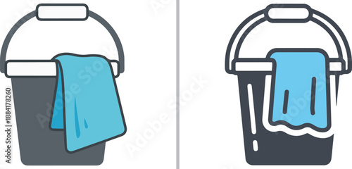 Two vector icons of cleaning buckets with blue cloths draped over the rim. One is a solid flat graphic, while the other uses stylized line art with white highlights. Clean, modern design.