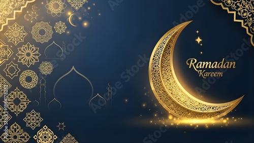 A shimmering golden crescent moon illuminates a blue background with abstract Islamic patterns.