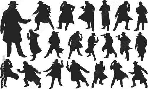 Trench coat spy silhouettes, dynamic poses, fedora hat action, noir detective theme, black and white contrast, 
