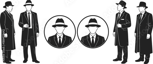 Vintage detective comparison, noir fashion silhouettes, trench coat and fedora style, mystery men, observation puzzle, classic crime theme, dramatic contrast