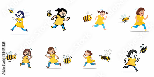 Vector illustration set of scared girls running and fleeing from an attacking yellow and black bee, symbolizing insect fear, anxiety, and allergy risk.