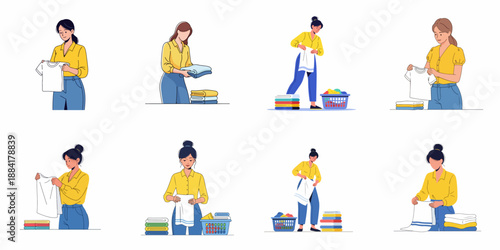 Eight illustrations depicting women folding clean laundry, organizing clothes into stacks, and performing household chores related to domestic routine and housekeeping.