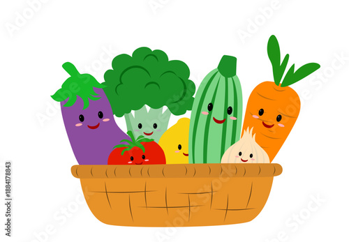 A variety of cheerful cartoon vegetables with cute faces, including lemon, broccoli, cucumber, onion, tomato, corn, eggplant, are collected in a wooden basket.