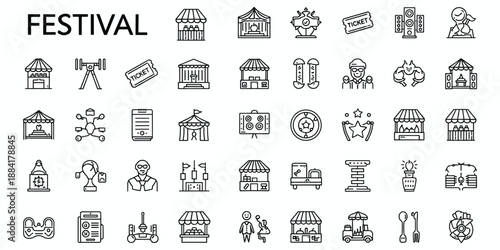 Festival icons set with stalls, tickets, stages, and entertainment elements event celebration