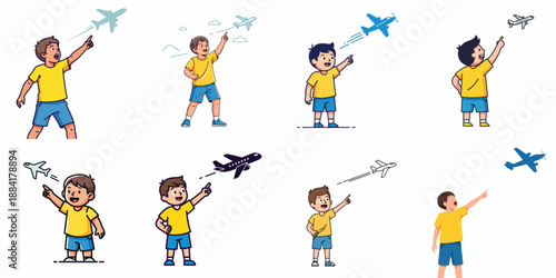 Joyful boy pointing up at a flying airplane illustration set, showing childhood wonder, travel dreams, and aviation excitement in various cartoon styles.