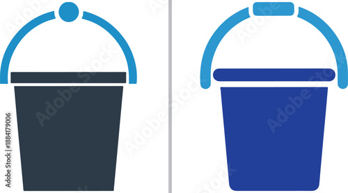 A clean vector illustration showcasing two styles of utility buckets with handles, featuring a dark charcoal silhouette and a vibrant blue design with a light blue handle.