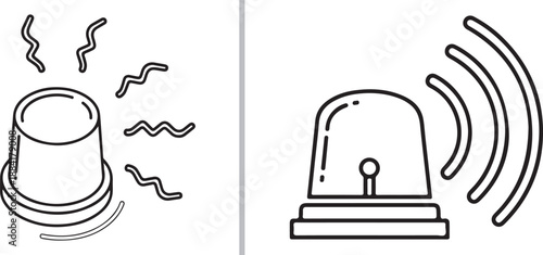 Two black and white line-art icons of emergency sirens or alarm lights. One features wavy lines indicating vibration or sound, while the other shows signal waves. Simple vector alert symbols.