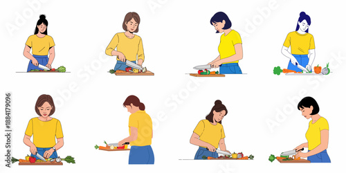 Eight illustrations of young women chopping fresh vegetables on cutting boards, depicting various stages of healthy meal preparation and home cooking.