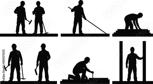 Construction worker silhouettes set, builders working poses, manual labor, tools, industrial job, black vector illustration, isolated, professional, teamwork