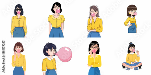 Collection of stylized cartoon portraits of women in yellow shirts and blue skirts, chewing and blowing pink bubblegum with indifferent expressions.