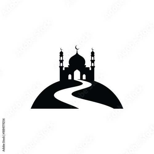 Ramadan-themed illustration of a mosque top of a gentle hill.