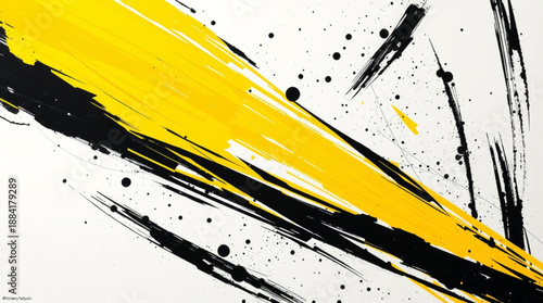 Dynamic abstract painting featuring bold yellow and black brushstrokes with splatters on a white background, creating an energetic and modern composition.