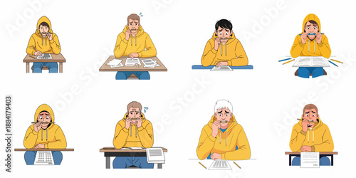 Stressed Students Taking an Exam: Collection of Illustrations Showing Academic Pressure, Anxiety, and Difficulty During Testing.