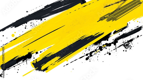 Dynamic abstract background with bold yellow and black paint strokes and splatters on a white canvas.