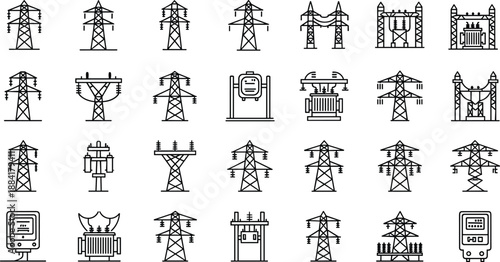 Electric power transmission line icons set, high voltage towers, transformers, substations, energy infrastructure, outline vector illustration