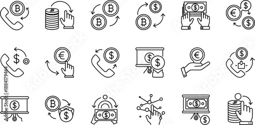 Icons illustrating cryptocurrency and currency exchange and transactions bitcoin dollar